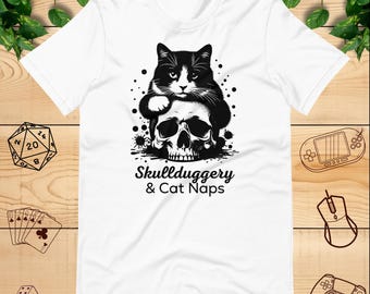 Skullduggery Cat T-Shirt: Gothic Skull Nap Design