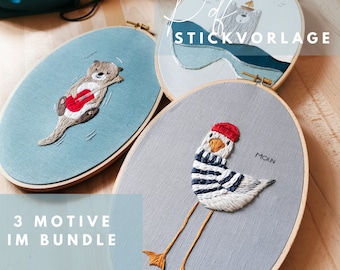 Embroidery Templates Bundle 3 MOTIVES to embroider yourself & PDF pattern design download, embroidery, pattern design