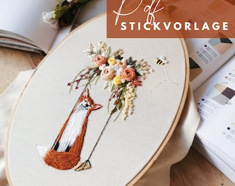 Stickvorlage Fuchs mit Blumen Frühling, Sommer, Pattern, selbst sticken,