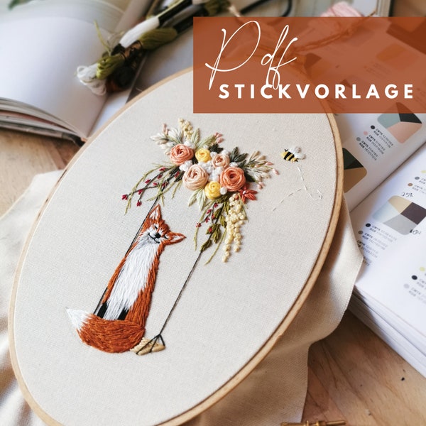 Stickvorlage Fuchs mit Blumen Frühling, Sommer, Pattern, selbst sticken,