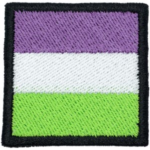 May include: A square-shaped embroidered patch featuring three horizontal stripes in purple, white, and lime green. The entire design is bordered by a thick, black stitched edge, creating a clean and defined frame for the colorful fabric center.