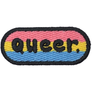 May include: Embroidered patch with the word "queer." The patch has a pink, yellow, and blue background, with a black border. The word "queer" is in black, stylized lettering.