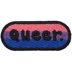 May include: Embroidered patch with the word "queer" in black, set against a background of pink, purple, and blue stripes. The patch has a black border and is in an oval shape. The text is in a bold, rounded font.