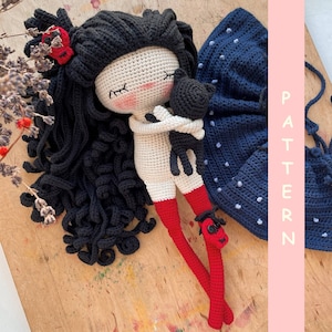 PDF-haakpatroon amigurumi pop vriendelijke heks met kat, gehaakte knuffel, beste cadeau-idee