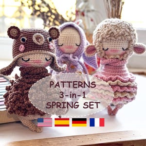 PDF Frühling Häkelanleitungen SET - 3 Amigurumi Anleitungen in einem Bündel: Bär, Häschen und Schaf - Feiertage Häkelanleitungen, Stofftier, 3-in-1