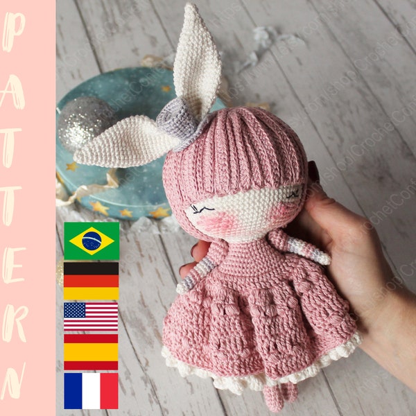 PDF PATRON Amigurumi Bunny Marshmallow, Crochet Doll Rabbit, Stuffed Toy English, Español, Français, Deutsch. Portuguesa Brasileira