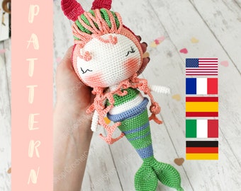 PDF Mermaid PATTERN, Amigurumi Doll, DIY, Stuffed Toy Crochet Gift Idea English, Français, Español, Italiano, Deutsch
