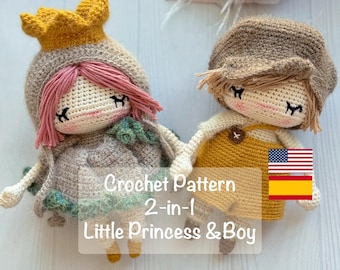 Conjunto de patrones de ganchillo en PDF para Princesa y Niño, tutorial de muñeco amigurumi 2 en 1, juguete de peluche escandinavo