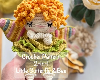 PDF Crochet Pattern 2-in-1 Little Butterfly & Bee Doll, Amigurumi Toy, Insect Doll, Cute Handmade Gift