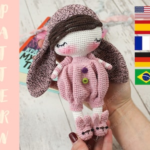 PDF PATTERN Amigurumi Sleepy Bunny, Coniglio bambola all'uncinetto, Giocattolo per dormire ripieno, Inglese, Español, Français, Deutsch, Portoghese brasiliano