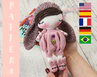 PDF PATTERN Amigurumi Sleepy Bunny,  Crochet Doll Rabbit, Stuffed Sleeping Toy, English, Español, Français, Deutsch, Brazilian Portuguese