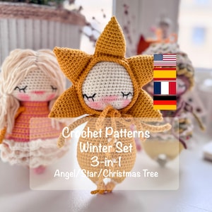 PDF Winter Crochet PATTERN SET - 3 Amigurumi Patterns in One Bundle: Star, Christmas Tree and Angel - Holiday Crochet Tutorials, Stuffed Toy