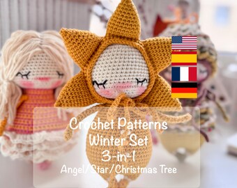 Conjunto de padrões de crochê de inverno em PDF - 3 padrões de amigurumi em um pacote: estrela, árvore de Natal e anjo - tutoriais de crochê para as festas de fim de ano, brinquedo de pelúcia