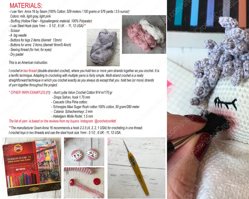 May include: A close-up of a crochet unicorn amigurumi pattern with instructions for making the toy. The pattern includes a list of materials, such as yarn, stuffing, and crochet hooks, as well as a description of the crochet technique. The image also shows a variety of yarn colors and a close-up of the unicorn's face.
