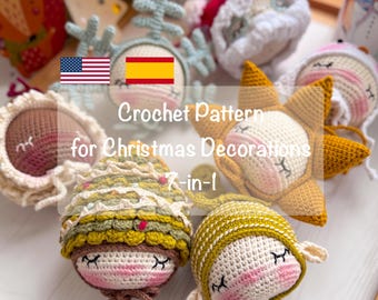 May include: A collection of seven crocheted ornaments featuring round faces with closed eyes and pink cheeks, including designs like a snowflake, a sun, a Christmas tree, and a Santa hat. The text "Crochet Pattern for Christmas Decorations 7-in-1" is overlaid.