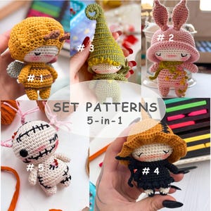 PDF Virksetmönster 5-i-1 Bi, Kanin, Jultomte, Häxa, Voodoo-docka, Amigurumi-docka, Virkad Gosedjur, Bästa Presentidén