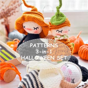 May include: Crocheted Halloween set featuring two dolls, one with an orange pumpkin hat and the other with a green stem. The dolls have closed eyes and rosy cheeks. The text on the image reads "PATTERNS 3-in-1 HALLOWEEN SET."