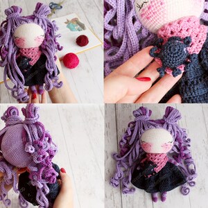 K&ouml;nnte beinhalten: Eine geh&auml;kelte Puppe mit lila Haaren, einem rosa Schal und einem schwarzen Kleid. Die Puppe h&auml;lt eine kleine schwarze geh&auml;kelte Spinne.