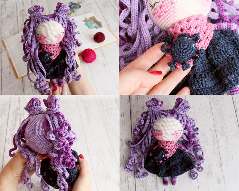 K&ouml;nnte beinhalten: Eine geh&auml;kelte Puppe mit lila Haaren, einem rosa Schal und einem schwarzen Kleid. Die Puppe h&auml;lt eine kleine schwarze geh&auml;kelte Spinne.