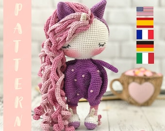 PDF PATTERN Amigurumi Sleepy Unicorn,  Crochet Doll, Stuffed Sleeping Toy  English, Patrón Español, Patron Français, Deutsch, Italiano