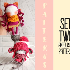 May include: Two crochet amigurumi doll patterns, one with a fox hat and the other with a red hat. The text "SET TWO AMIGURUMI PATTERNS" is on a yellow background.