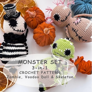 May include: A collection of handmade crochet monster dolls, including a zombie, voodoo doll, and skeleton, with orange pumpkins. The dolls are in various colors, with black and white accents. The text "MONSTER SET 3-in-1 CROCHET PATTERN" is visible.