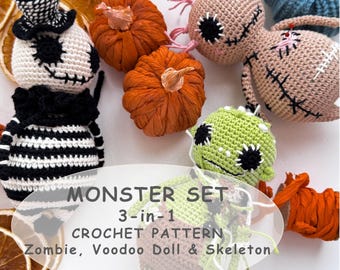PDF Monster Crochet PATTERN SET - 3 Amigurumi Patterns in One Bundle: Zombie, Voodoo Doll and Skeleton - Halloween Crochet Tutorials, Toy