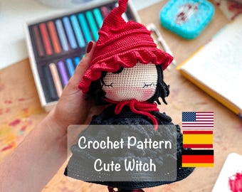PDF Patron au crochet Jolie poupée sorcière Amigurumi, Patron de jouet d'Halloween, Jolie peluche de sorcière, Tutoriel pour poupée au crochet, Anglais Espagnol Allemand