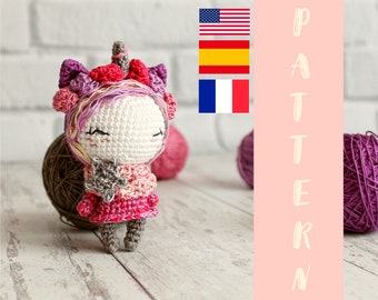 PDF Häkelanleitung Puppe Einhorn, Amigurumi Kleines Spielzeug, Häkelanleitung Einhorn Accessoire, Kuscheltier Anleitung Einhorn Englisch, Spanisch, Französisch