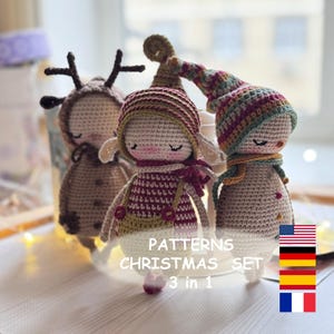 PDF Weihnachtlicher Häkelanleitungen Set - 3 Amigurumi Anleitungen in einem Bündel: Elfe, Reh und Schneemann - Feiertage Häkelanleitungen, Stofftier