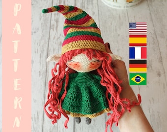 PDF Christmas Elf PATTERN, Amigurumi Doll, Stuffed Toy 20 cm/7.8&quot;, Crochet Gift English, Espanol, Francais, Deutsche Brazilian Portuguese