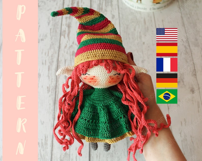 PDF Christmas Elf PATTERN, Amigurumi Doll, Stuffed Toy 20 cm/7.8, Crochet Gift English, Espanol, Francais, Deutsche Brazilian Portuguese image 1