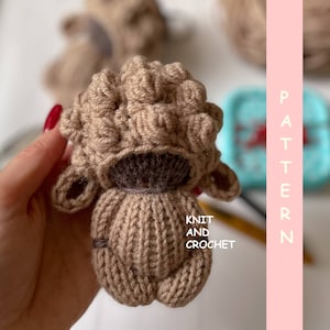 May include: A brown knitted amigurumi toy with a textured head and a brown face. The toy is being held by a hand. The text "KNIT AND CROCHET" is visible in the image.