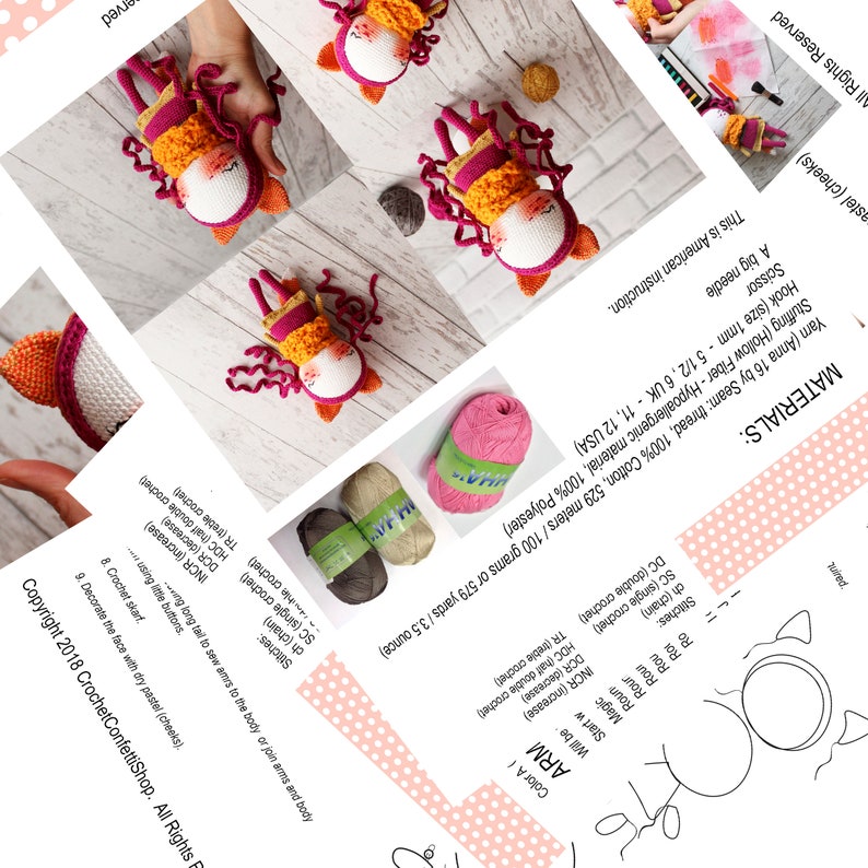 May include: A collection of handmade crochet dolls in various stages of completion. The dolls feature white faces, orange and pink accents, and curly hair. The image also includes yarn skeins and a printed instruction sheet.