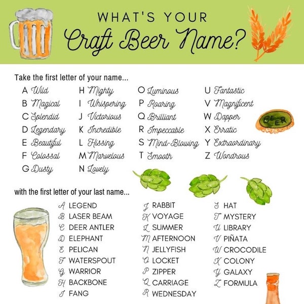 What's Your Craft Beer Name? Party Game, Birthday, Engagement Party, Bridal Shower, Bachelorette, Brewery Game, Beer Game, Baby shower