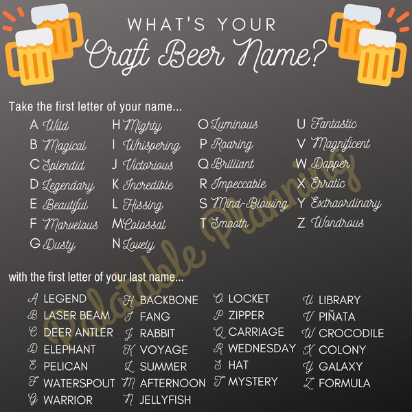 What's Your Craft Beer Name? Party Game, Birthday, Engagement Party, Bridal Shower, Bachelorette, Brewery Game, Beer Game, Baby shower