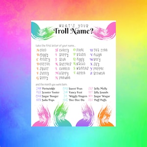 What's Your Troll Name Troll Themed Birthday Party Game, Trolls Party, Troll decorations, Troll door sign, Rainbow Hair, Troll themed image 2