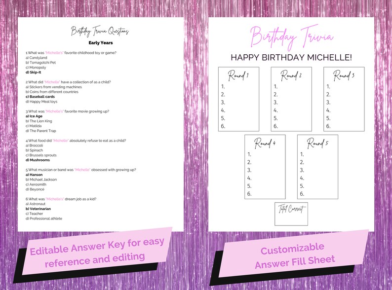 Birthday Trivia Game, Birthday Games for Her, Customizable Slideshow