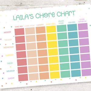 May include: A printable chore chart for kids with a rainbow color scheme. The chart is titled "Laila's Chore Chart" and includes chores like "Make Bed", "Living Room", "Laundry", "Clean Table", "Unload Dishes", "Feed Dog", and "Clean Bathroom".