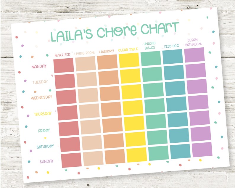 May include: A printable chore chart for kids with a rainbow color scheme. The chart is titled "Laila's Chore Chart" and includes chores like "Make Bed", "Living Room", "Laundry", "Clean Table", "Unload Dishes", "Feed Dog", and "Clean Bathroom".
