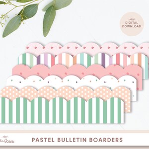 Puede incluir: Conjunto de bordes de tablero de anuncios imprimibles de color pastel. Los bordes presentan diferentes patrones, incluyendo rayas, lunares, corazones y confeti. El texto "PASTEL BULLETIN BOARDERS" está en la parte inferior de la imagen.