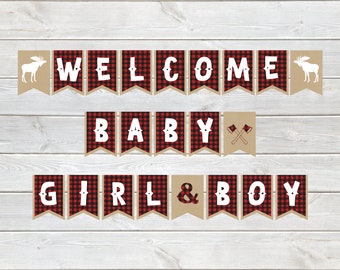 Woodland Baby Shower Banner, décorations de shower de bébé, Buffalo Plaid Banner, garçon de décorations de shower de bébé boisé, bébé garçon de bienvenue