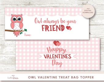 Valentines Bag Topper Printable, Valentines Treat Bag Toppers, Printable Valentines for Kids, Owl Valentines Card, Classroom Valentines Card