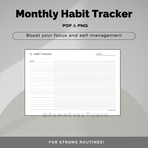 Könnte beinhalten: Ein weißer, druckbarer Gewohnheitstracker mit dem Text "Monthly Habit Tracker" oben. Der Tracker enthält Abschnitte für Gewohnheiten und ein Kalenderraster. Der Text "PDF & PNG" und "Boost your focus and self-management" sind ebenfalls sichtbar.