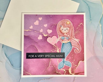 Handmade whimsical Happy Mother's Day card with a cute mermaid and pink glitter hearts, Blank greeting card for a special Mum