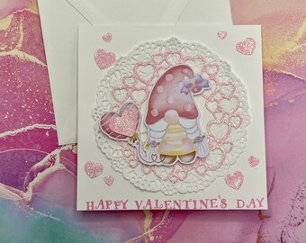 Handmade Valentine's Day card, Whimsical gnome card with pink glitter hearts and paper doily