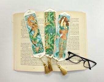 Handmade bookmarks, Set of 3, Colourful steampunk ocean theme paper bookmarks