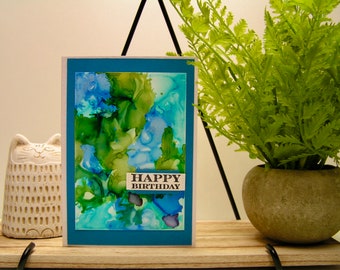 Handmade Happy Birthday Alcohol Ink Art Card, Blank abstract greeting card with envelope