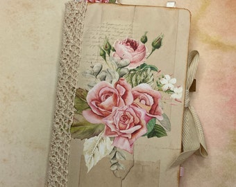 Handmade soft cover junk journal with pink roses, woodland animals and lace trim. Decorated journal for Mum, girlfriend or best friend