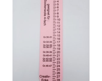 Sock ruler pink, for knitting socks from top to bottom, 4 ply yarn, size 30 to 47, suitable for all heel shapes,